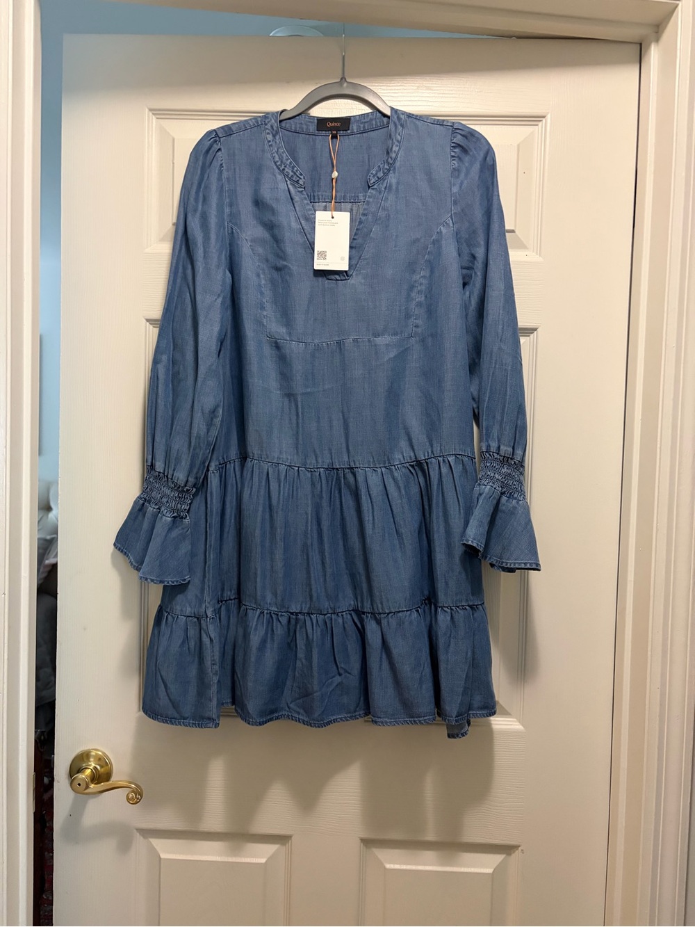 NWT QUINCE Chambray Tencel Tiered Long Sleeve Mini Dress - XS